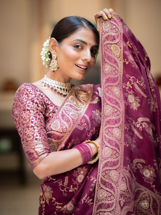 Purple Color Pure Banarasi Golden Zari Weaving and Soft Silk Saree