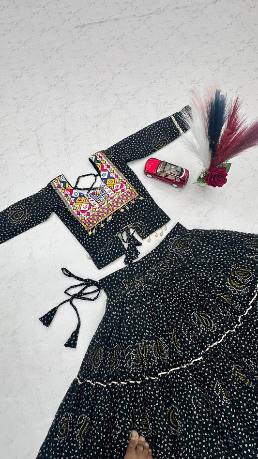 Women's Black Navratri Lehenga Choli with 9 Meter Flair & Embroidered Blouse