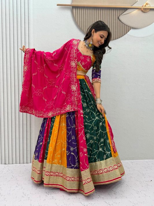Women's Navratri Special Multicolor Lehenga Choli with 6 Meter Flair & Embroidered Dupatta