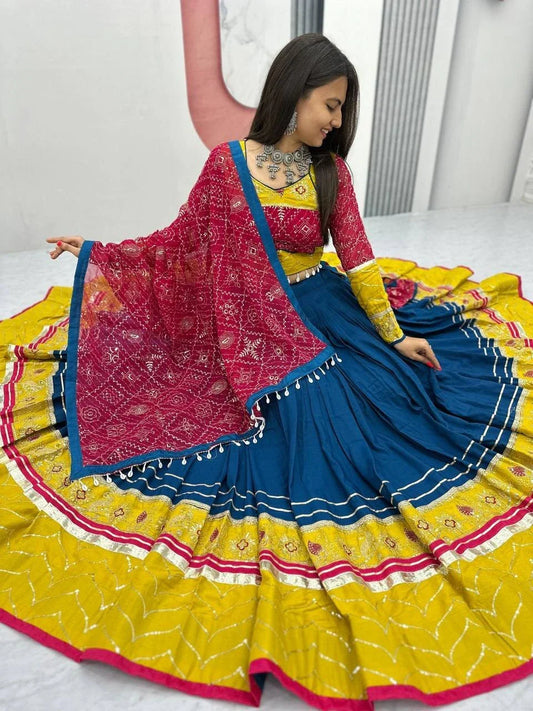 Women's Ethnic Navratri Yellow Lehenga Choli with Embroidered Blouse & Bandhani Dupatta