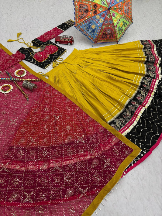 Women's Ethnic Navratri Yellow Lehenga Choli with Embroidered Blouse & Bandhani Dupatta