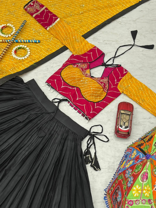 Traditional Garba Wear Black Lehenga Choli with Yellow Bandhani Dupatta for Women