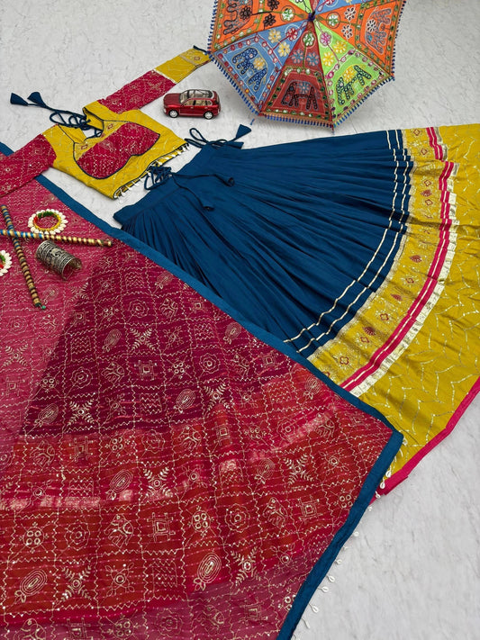 Women's Ethnic Navratri Yellow Lehenga Choli with Embroidered Blouse & Bandhani Dupatta