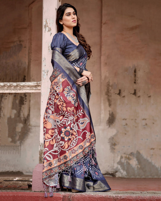 PURE SILK DIGITALLY PRINTED SAREE WEAVED WITH GOLDEN ZARI COMES WITH TASSELS