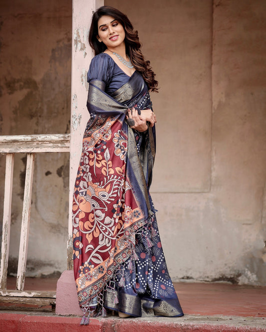 PURE SILK DIGITALLY PRINTED SAREE WEAVED WITH GOLDEN ZARI COMES WITH TASSELS