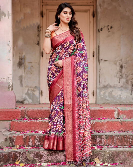PURE SILK DIGITALLY PRINTED SAREE WEAVED WITH GOLDEN ZARI COMES WITH TASSELS