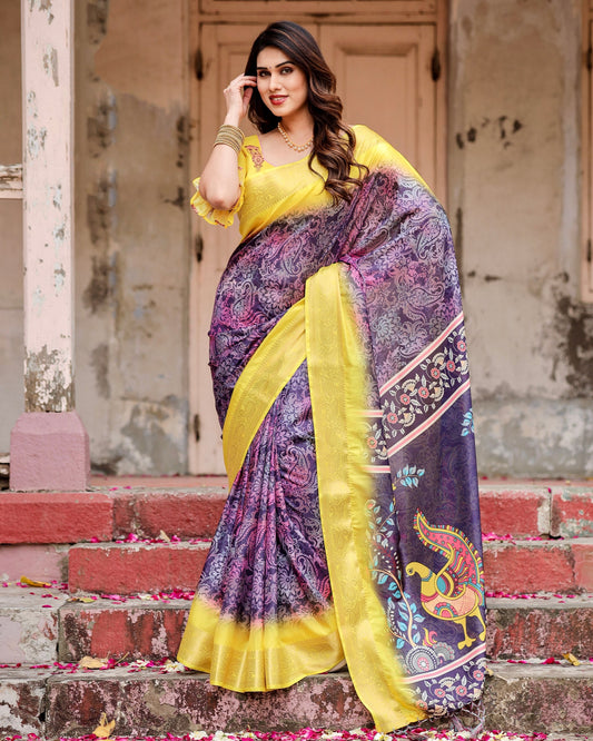 PURE SILK DIGITALLY PRINTED SAREE WEAVED WITH GOLDEN ZARI COMES WITH TASSELS