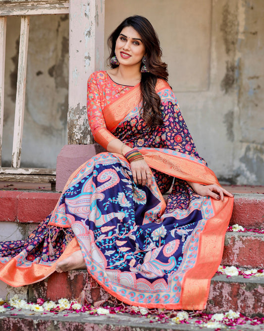 PURE SILK DIGITALLY PRINTED SAREE WEAVED WITH GOLDEN ZARI COMES WITH TASSELS