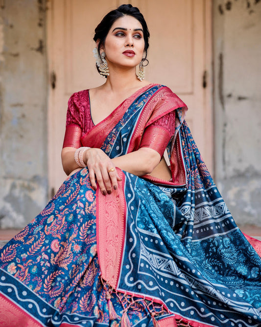 PURE SILK DIGITALLY PRINTED SAREE WEAVED WITH GOLDEN ZARI COMES WITH TASSELS