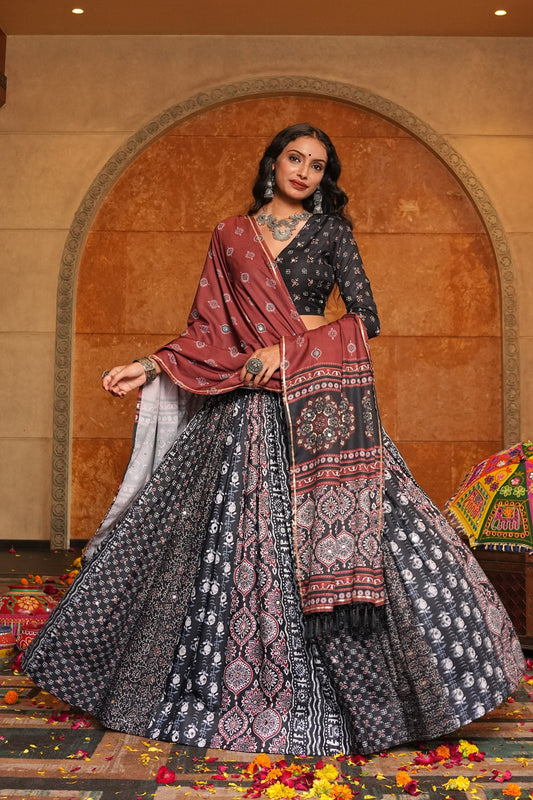 Black Crepe Print Work Navratri Lehenga Choli – Traditional Garba Night Set