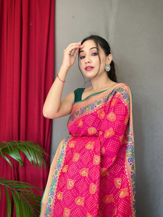 Pink Kachii Patola Weaving Saree With Meenakari Border Saree