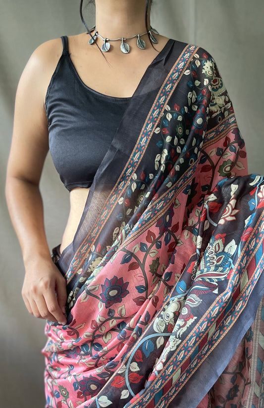 Pink Color Pure Cotton Kalamkari Digital Printed Saree with Tassels