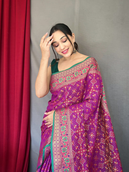 Purple Color Ethnic Motifs Zari Silk Blend Patola Saree