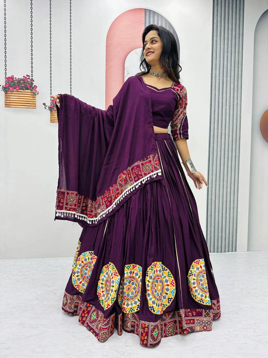 Women's Ethnic Navratri Purple Lehenga Choli with Embroidered Blouse & Bandhani Dupatta