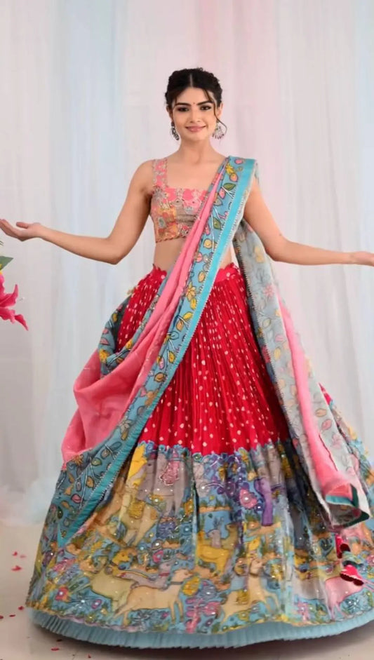 Women's Ethnic Navratri Red Lehenga Choli with Embroidered Blouse & Bandhani Dupatta