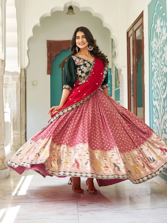 Women's Ethnic Navratri Red Lehenga Choli with Embroidered Blouse & Bandhani Dupatta