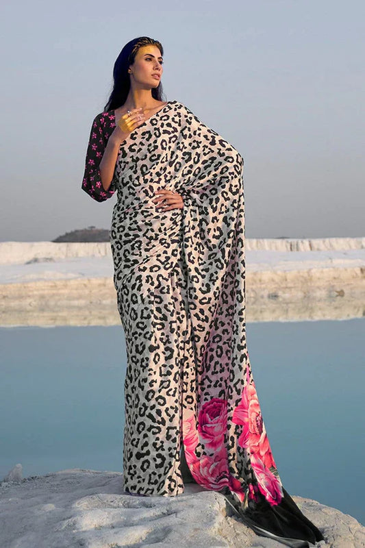 Black And White Multy Color Animal Print Pure Sattin Crepe Saree And Digital Print Blouse