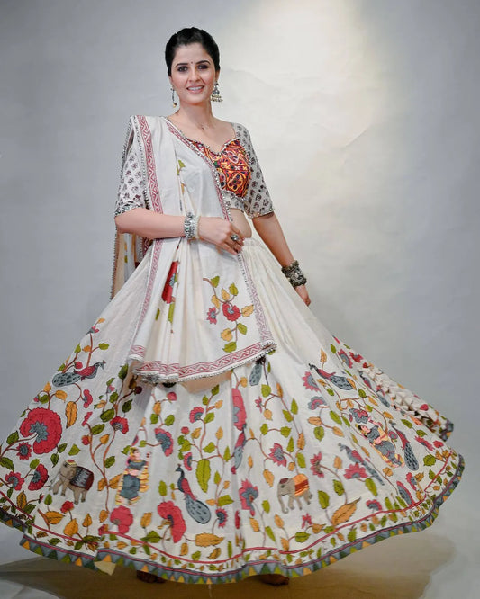 Women's Ethnic Navratri White Lehenga Choli with Embroidered Blouse & Bandhani Dupatta