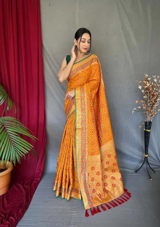 Yellow Color Ethnic Motifs Zari Silk Blend Patola Saree